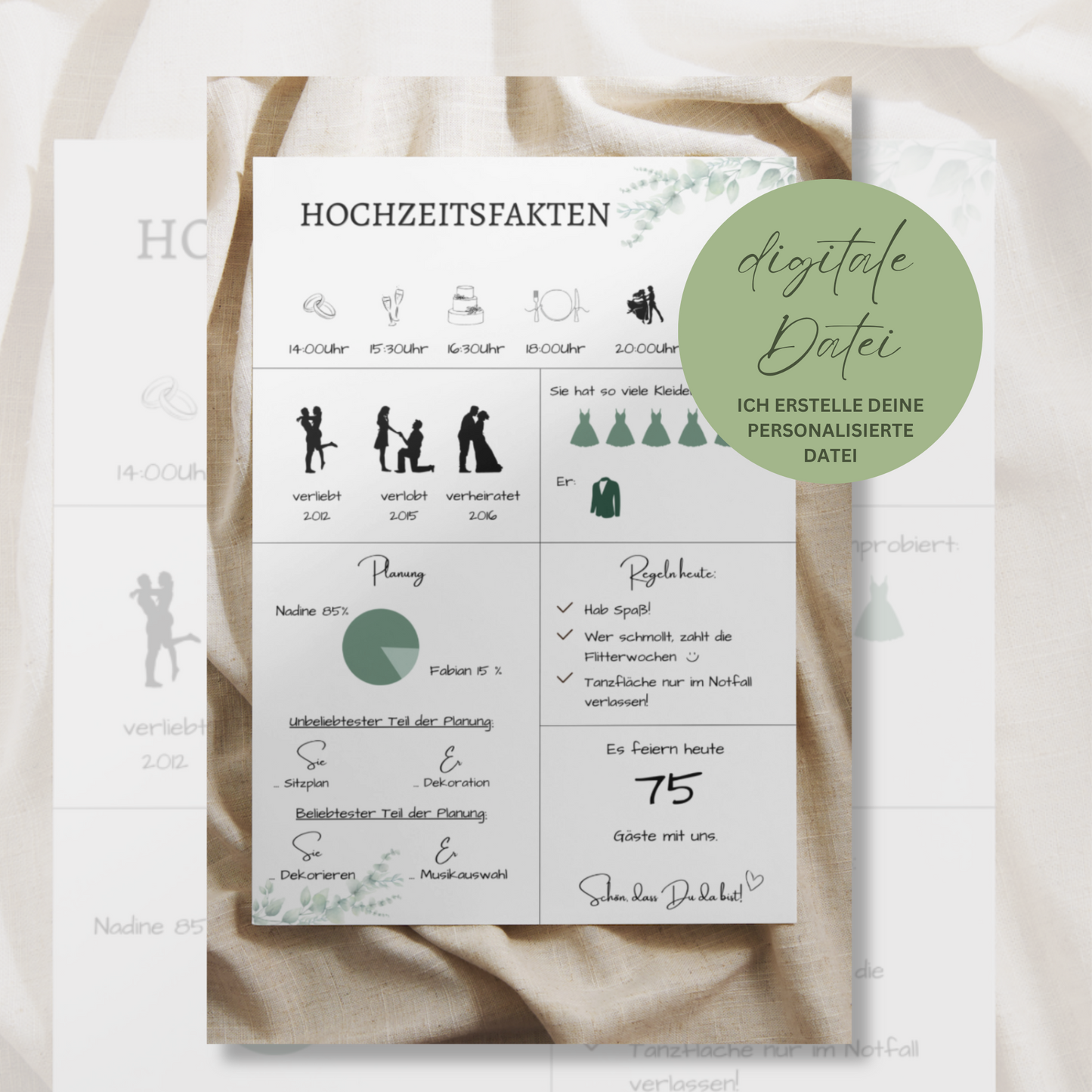 Hochzeitsfakten (digitale Datei) | personalisierbar | A3 Format | Hochzeitsaufsteller | Schild für Hochzeit | DIY | Eukalyptus Design