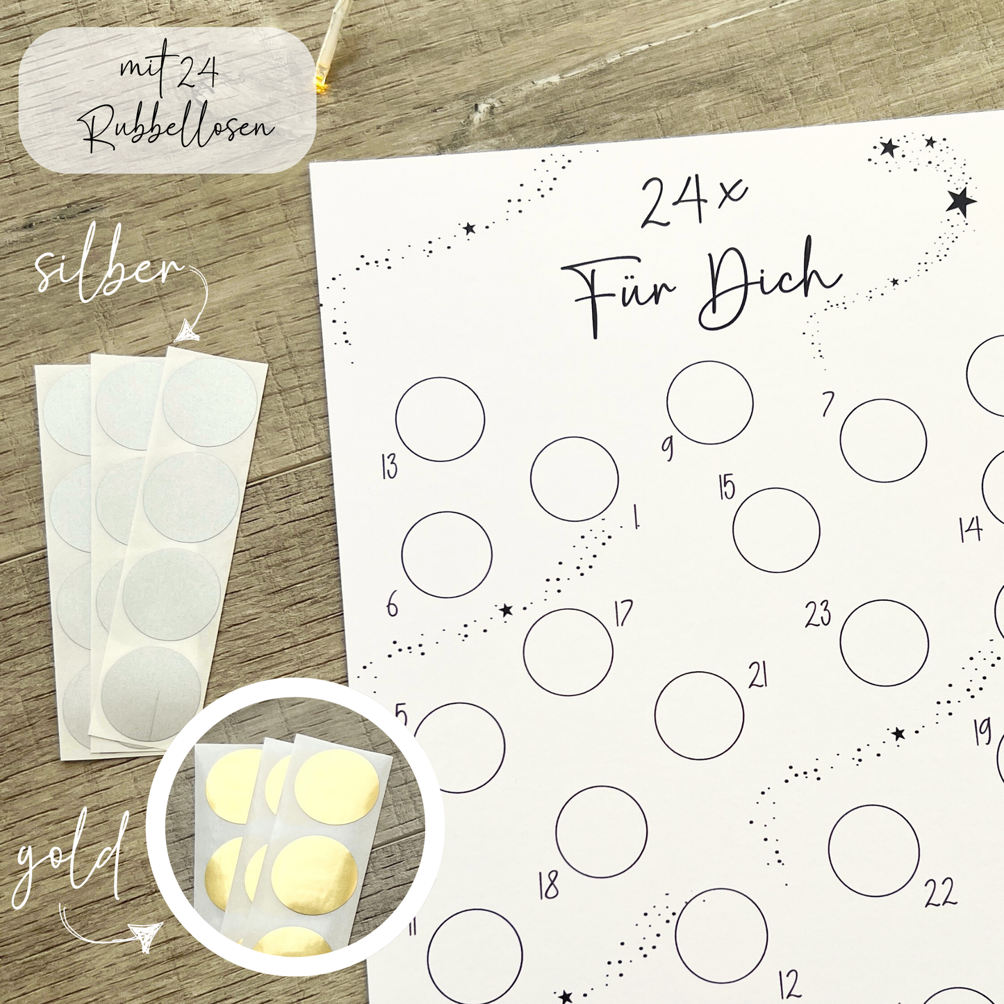 Adventskalender zum selbst beschriften mit 24 Rubbellosen | gold oder silber | DIN A4 | DIY