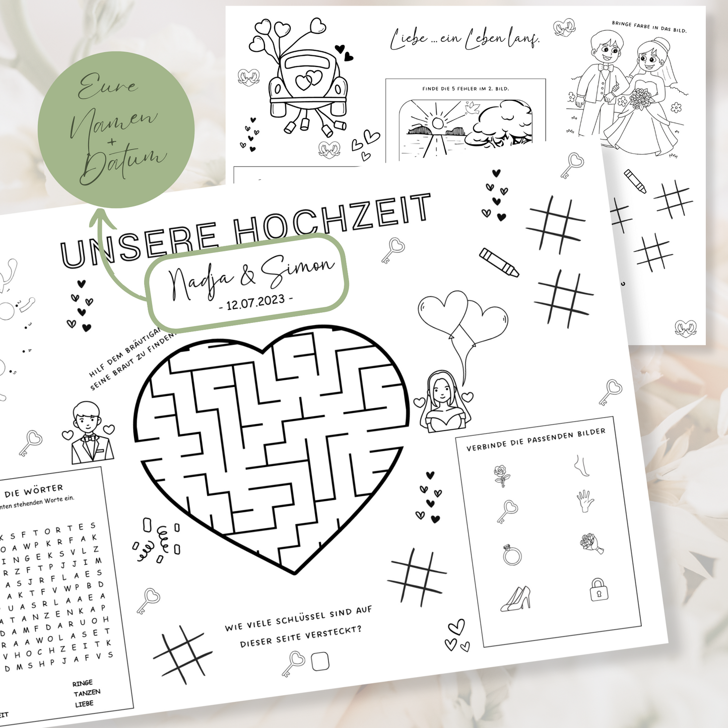 Hochzeitsmalmatte für Kinder | Mal - & Aktivitätenspaß | digitale Datei PDF | Unterhaltung Kinder